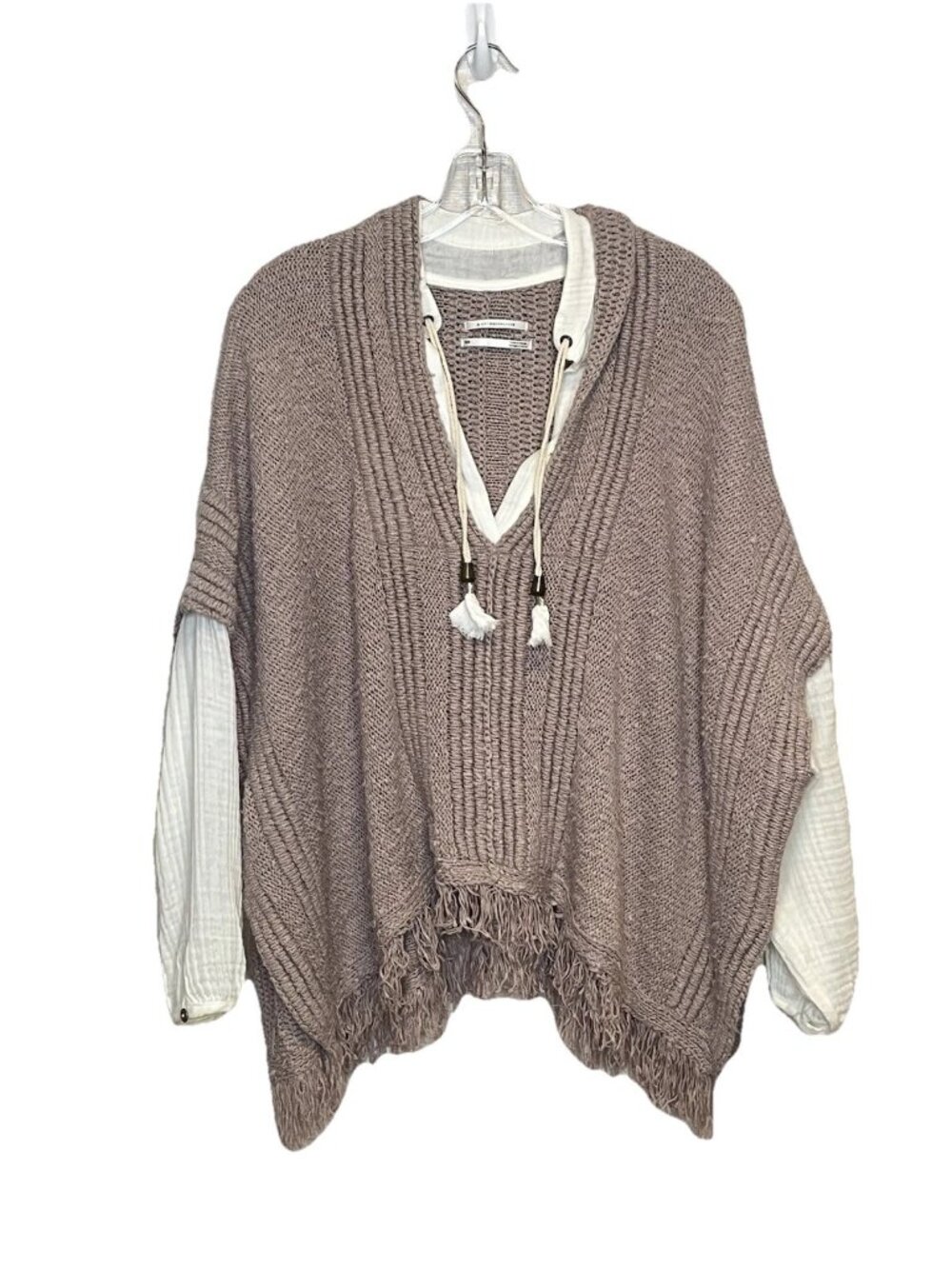 Anthropologie XS/S Layered Fringe Poncho Sweater Blouse Boho Cotton Knit Coastal